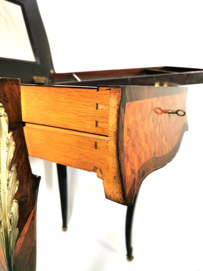 null 
Table of living room with work inlaid with cubes in perspective of wood of...