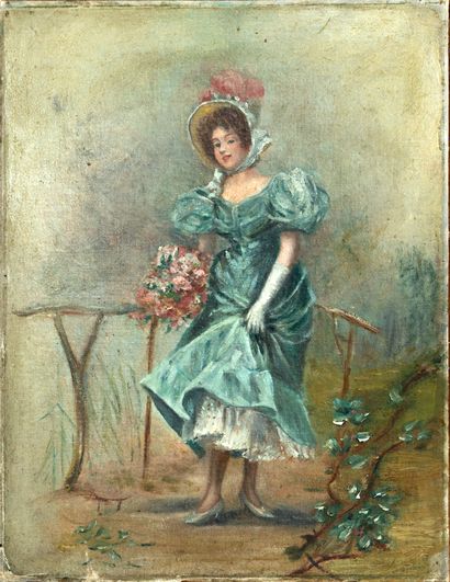 null French school around 1900

Elegant woman with a bouquet

Oil on canvas mounted...