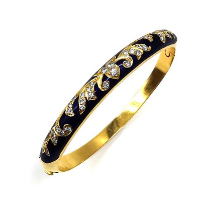 null Rigid bracelet opening in yellow gold 18K (750 thousandths), enamelled blue...