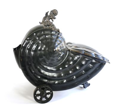 null Black lacquered sheet metal, wrought iron and porcelain snail-shaped coal bucket...