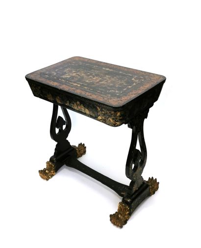 null Lacquered wood working table in the Chinese style with Chinese characters decorated...