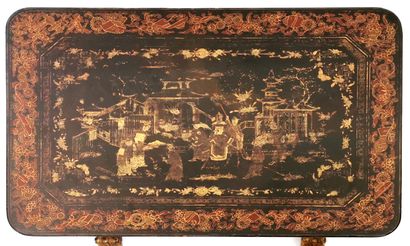 null Lacquered wood working table in the Chinese style with Chinese characters decorated...