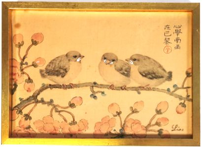 null CHINE 

Les moineaux, encre sur soie signée LIAO (15,6 x 21,8 cm à vue)

Gravure...