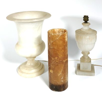 null Alabaster Medici vase mounted as a lamp, alabaster lamp base, hard stone scroll...