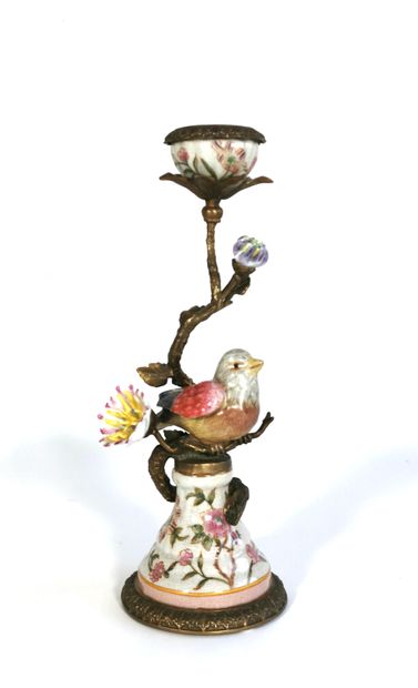 null Candlestick in polychrome porcelain and gilt bronze, the shaft showing a bird...