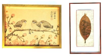 null CHINE 

Les moineaux, encre sur soie signée LIAO (15,6 x 21,8 cm à vue)

Gravure...