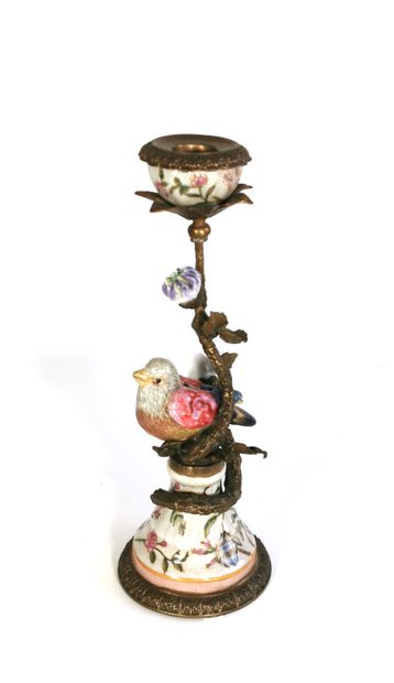 null Candlestick in polychrome porcelain and gilt bronze, the shaft showing a bird...