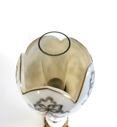 null High table lamp simulating a kerosene lamp in opaline glass with enamelled decoration...