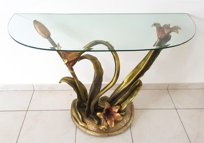 null Console and its mirror decorated with water iris in polychrome resin on a metal...