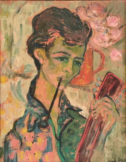 null René VOS (20th century)

Portrait of a young woman playing the guitar and smoking...