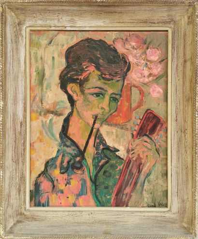 null René VOS (20th century)

Portrait of a young woman playing the guitar and smoking...
