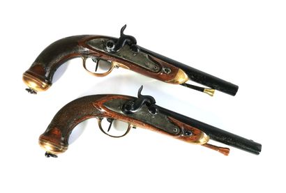null Pair of percussion pistols with squared walnut stock, the lock marked ".......