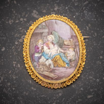 null Broche miniature en or jaune 18K (750 millièmes) dans le goût du XVIIIe siècle...