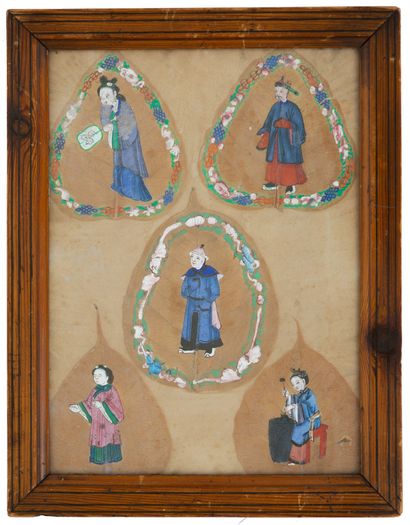 null CHINE, XIXe siècle 

Peintures polychromes sur cinq feuilles de pipal figurant...