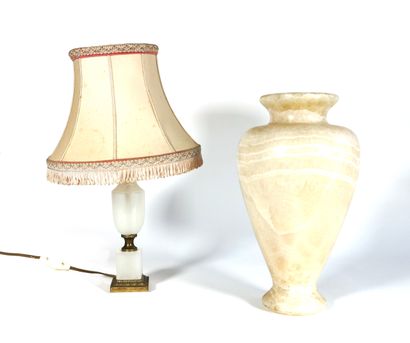 null Lamp to be posed out of opaline glass and engraved and gilded bronze, one joined...