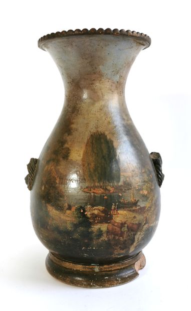 null Elegant vase of pansu form out of terra cotta with decoration turning painted...