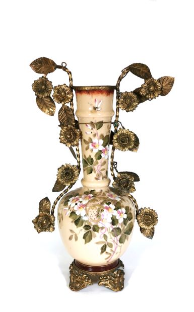 null Vase with high neck in opaline with cream background and enamelled decoration...