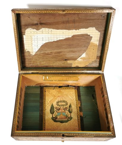null A straw marquetry box with frame and scroll decoration

L. 27 x W. 19 x H. 10...