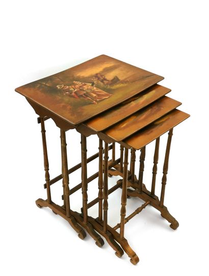 null Set of four Napoleon III style turned wood nesting tables with painted decorations...