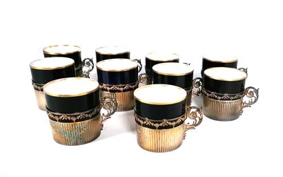 null Ten coffee cups in Limoges porcelain with a midnight blue and gold background,...