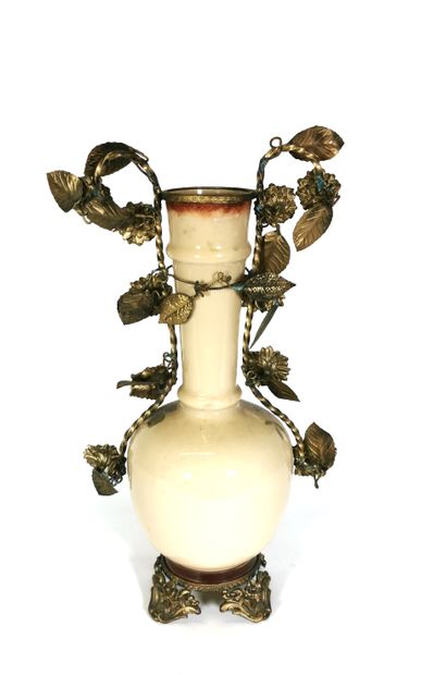 null Vase with high neck in opaline with cream background and enamelled decoration...