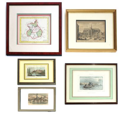 Suite of five framed etchings or lithographic...
