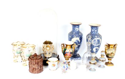null Set of ceramic and glass pieces including a globe, two vases on pedestal (one...