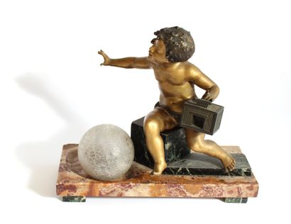 null Table lamp in regula, marble and glass with a putti holding in his left hand...