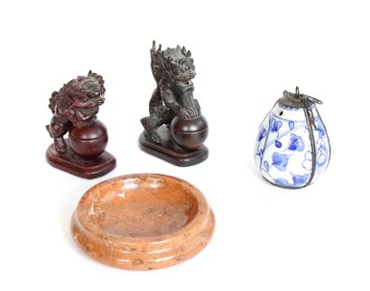 null Set of trinkets including two carved wooden incense burners decorated with hounds,...