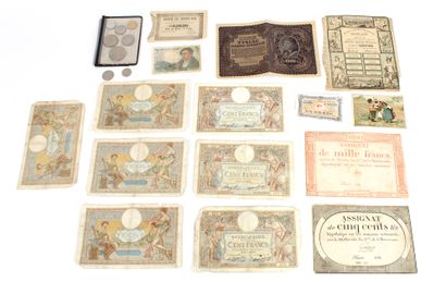 null Set of banknotes and coins two assignats, nine French banknotes, one Polish...