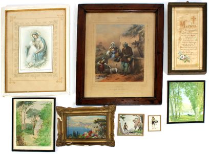 null Suite of eight framed pieces including View of Lake Como, oil on canvas; Cottage,...