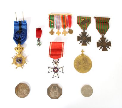 null Set of five military medals, a bar, two medals and two coins including a Hercules...
