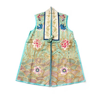 null Long sleeveless almond green silk jacket richly embroidered with gold and polychrome...