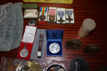 null Lot including coins (some silver), bills, medals, tokens, pins and watch