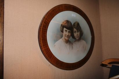null Portrait of young girls, old framed colorized photograph