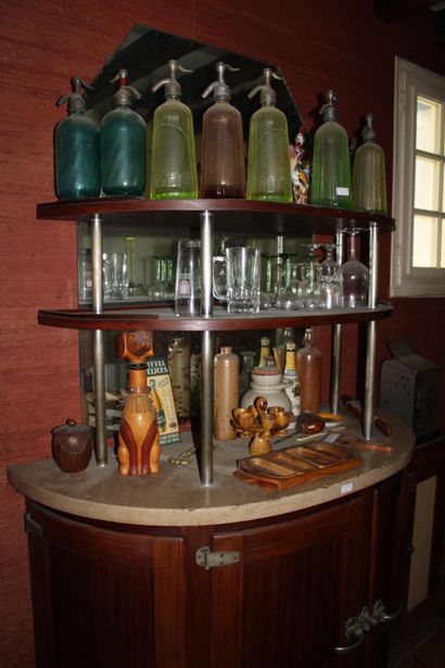 null Lot including seltzer bottles, glasses, egg cup and wooden tray, bottles, thermometer...