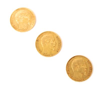 Trois pièces 20 francs Napoléon III en or...