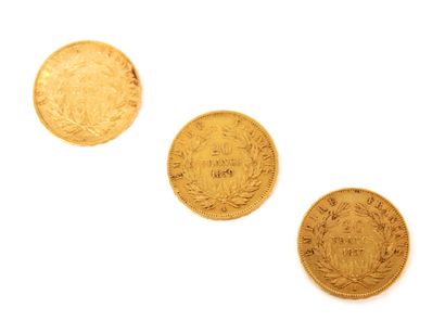 null Trois pièces 20 francs Napoléon III en or (900‰)

1852, 1857 et 1859

Atelier...