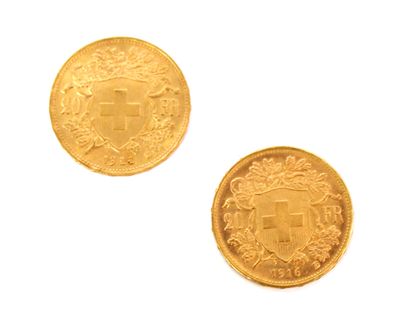 null Two 20 Swiss Francs Vreneli gold coins (900 ‰) 

1916 and 1922

Workshop : Bern

Gross...