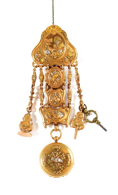 null 
Châtelaine in pompom and its watch in 18K gold (750 thousandths) decorated...