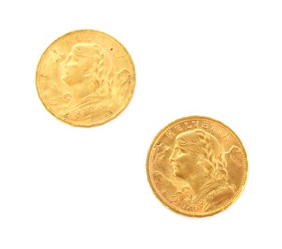 null Two 20 Swiss Francs Vreneli gold coins (900 ‰) 

1916 and 1922

Workshop : Bern

Gross...