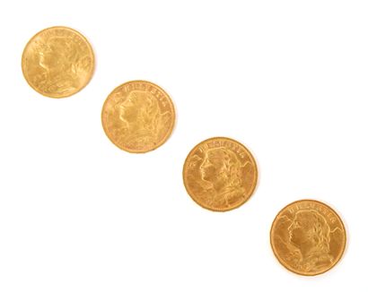 null Four 20 Swiss Franc Vreneli gold coins (900 ‰). 

1907, two coins of 1922, 1927

Workshop:...