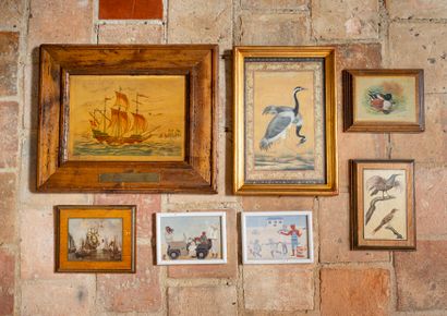 null Set of ten framed reproductions on marine, city view, ornithology, naive and...