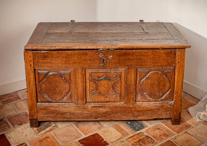 Molded oak chest, the front with three panels...