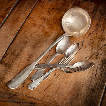 null Set of silver cutlery 1st title including a ladle, a baptismal cutlery with...