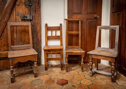 Two oak stool chairs with turned legs and...