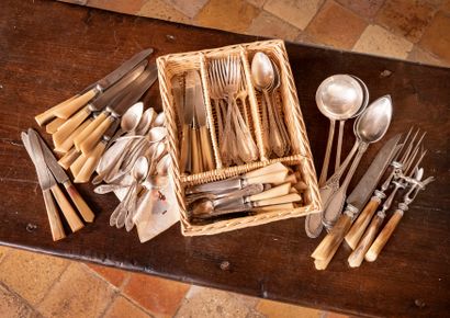null Part of service in silver plated metal including ten forks, seven spoons, fifteen...