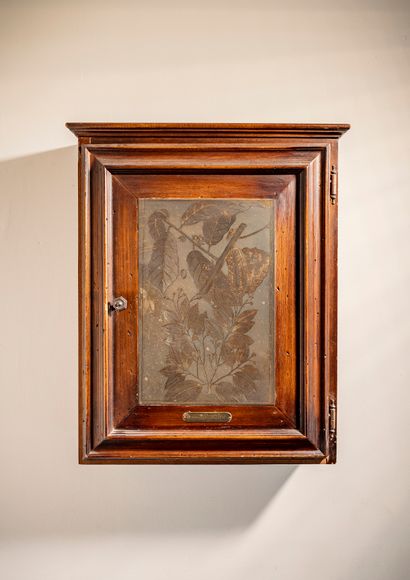 null Small medicine cabinet with one door decorated with a copper engraving plate...