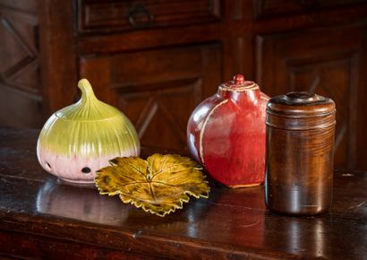 null Suite of three earthenware pieces including a covered gourd, a potpourri, a...