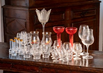 null Part of mismatched glassware including a high candlestick with radiant pattern,...
